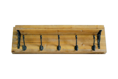 6" Black And Brown Metal And Solid Wood Five Hook Wall Mount Coat Rack