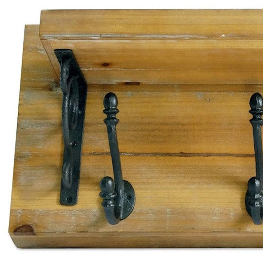 6" Black And Brown Metal And Solid Wood Five Hook Wall Mount Coat Rack