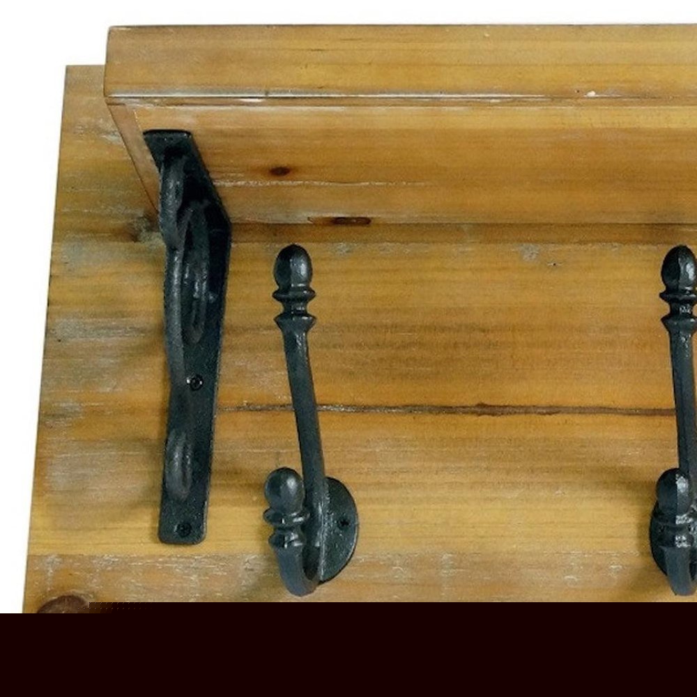 6" Black And Brown Metal And Solid Wood Five Hook Wall Mount Coat Rack