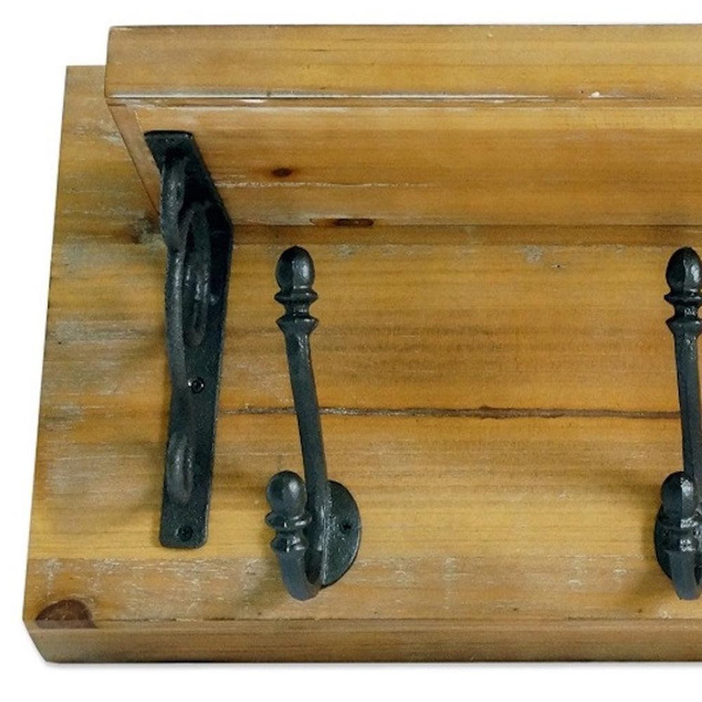 6" Black And Brown Metal And Solid Wood Five Hook Wall Mount Coat Rack