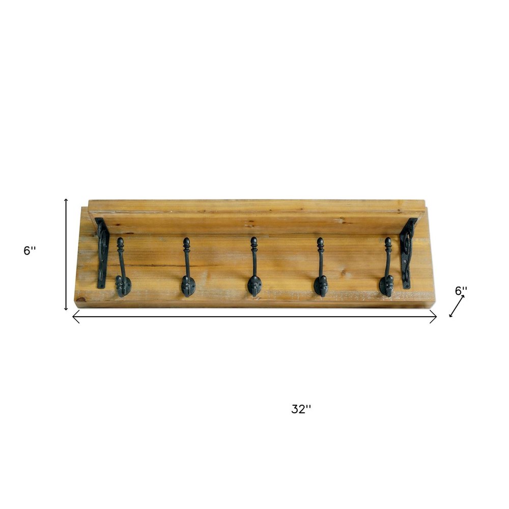 6" Black And Brown Metal And Solid Wood Five Hook Wall Mount Coat Rack