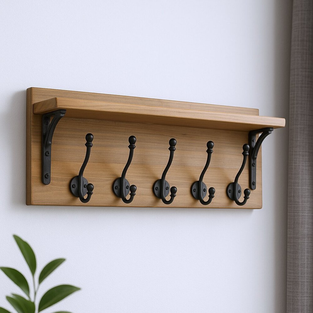 6" Black And Brown Metal And Solid Wood Five Hook Wall Mount Coat Rack
