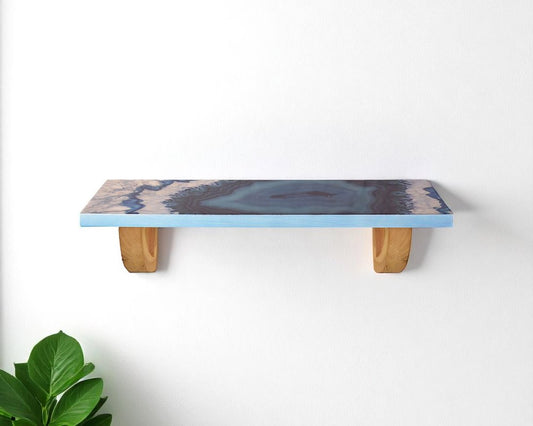 36" Blue And Natural Wood Agate Pattern Wall Mount Accent Shelf