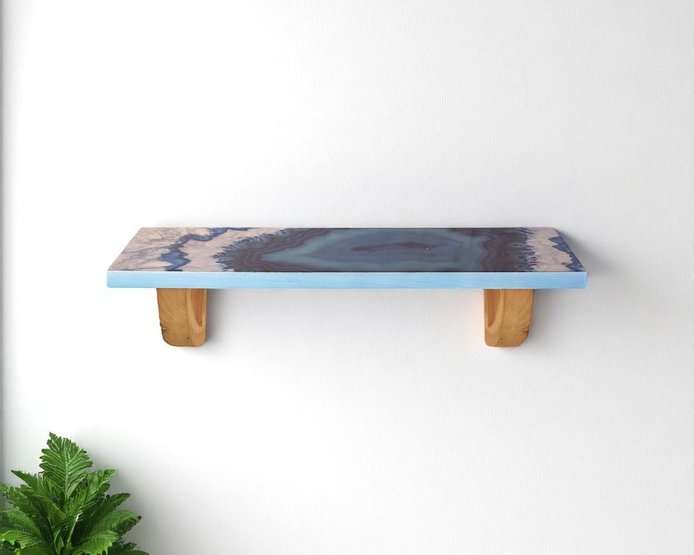 24" Blue And Natural Wood Agate Pattern Wall Mount Accent Shelf