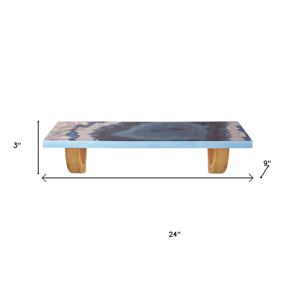 24" Blue And Natural Wood Agate Pattern Wall Mount Accent Shelf