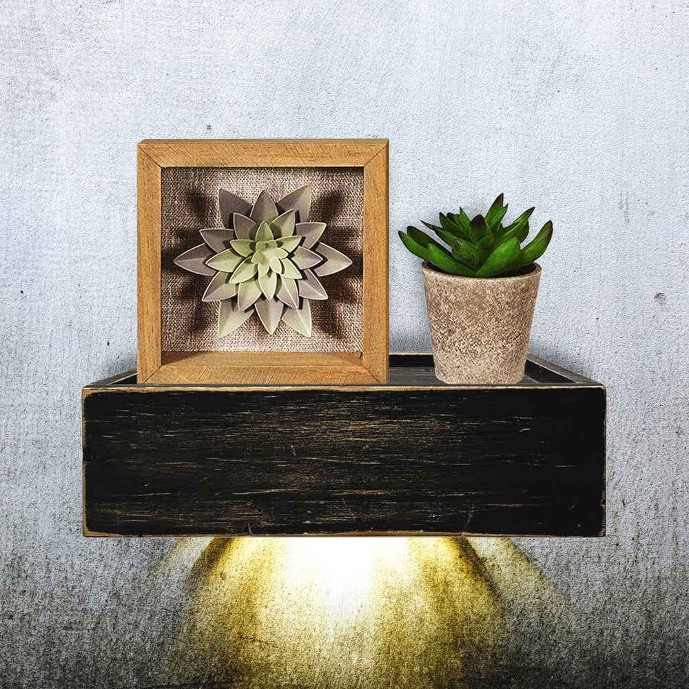 10" Black Distressed Wood Wall Mounted Floating Shelf With LED