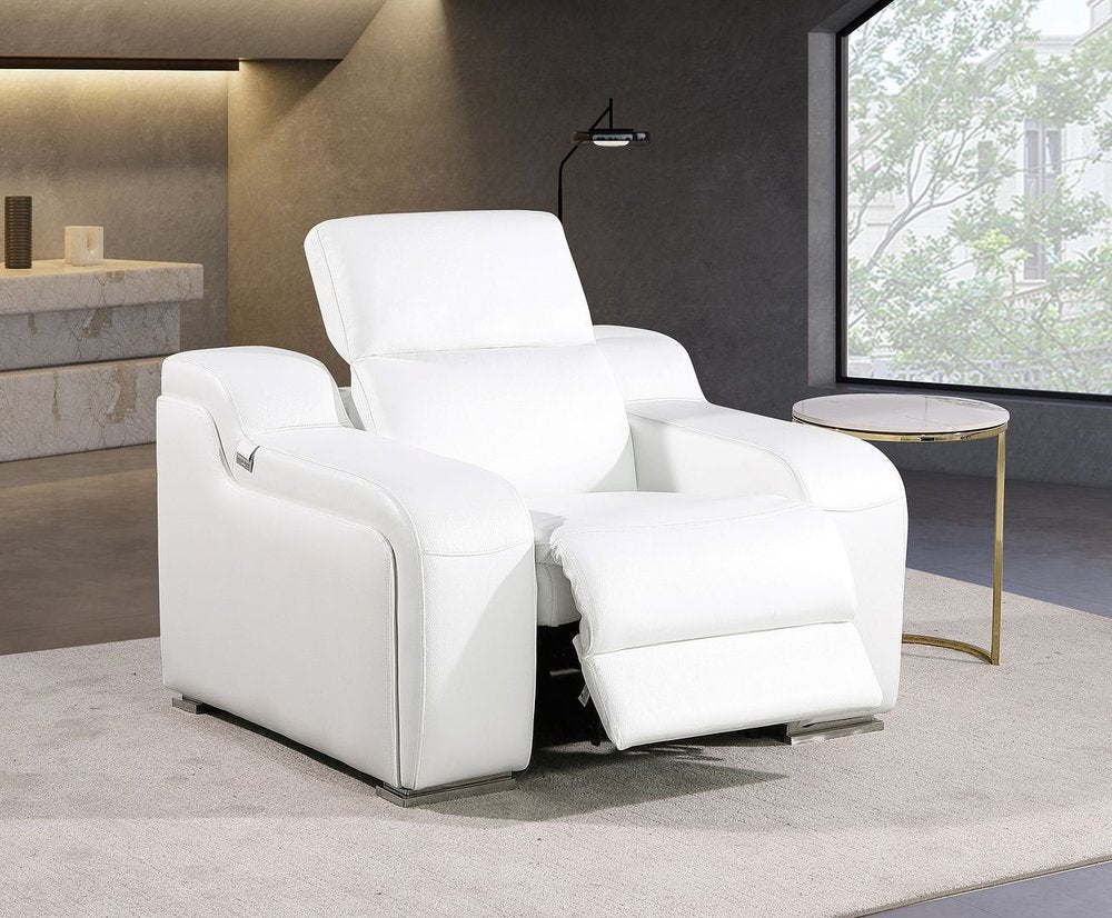 41" White Italian Leather Wall Hugger Recliner With USB