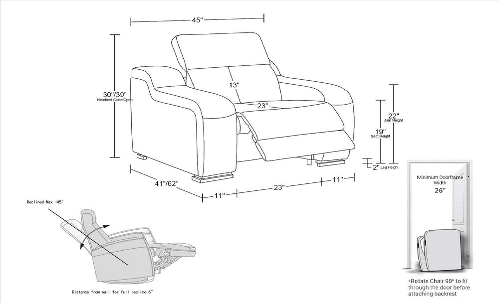 41" White Italian Leather Wall Hugger Recliner With USB