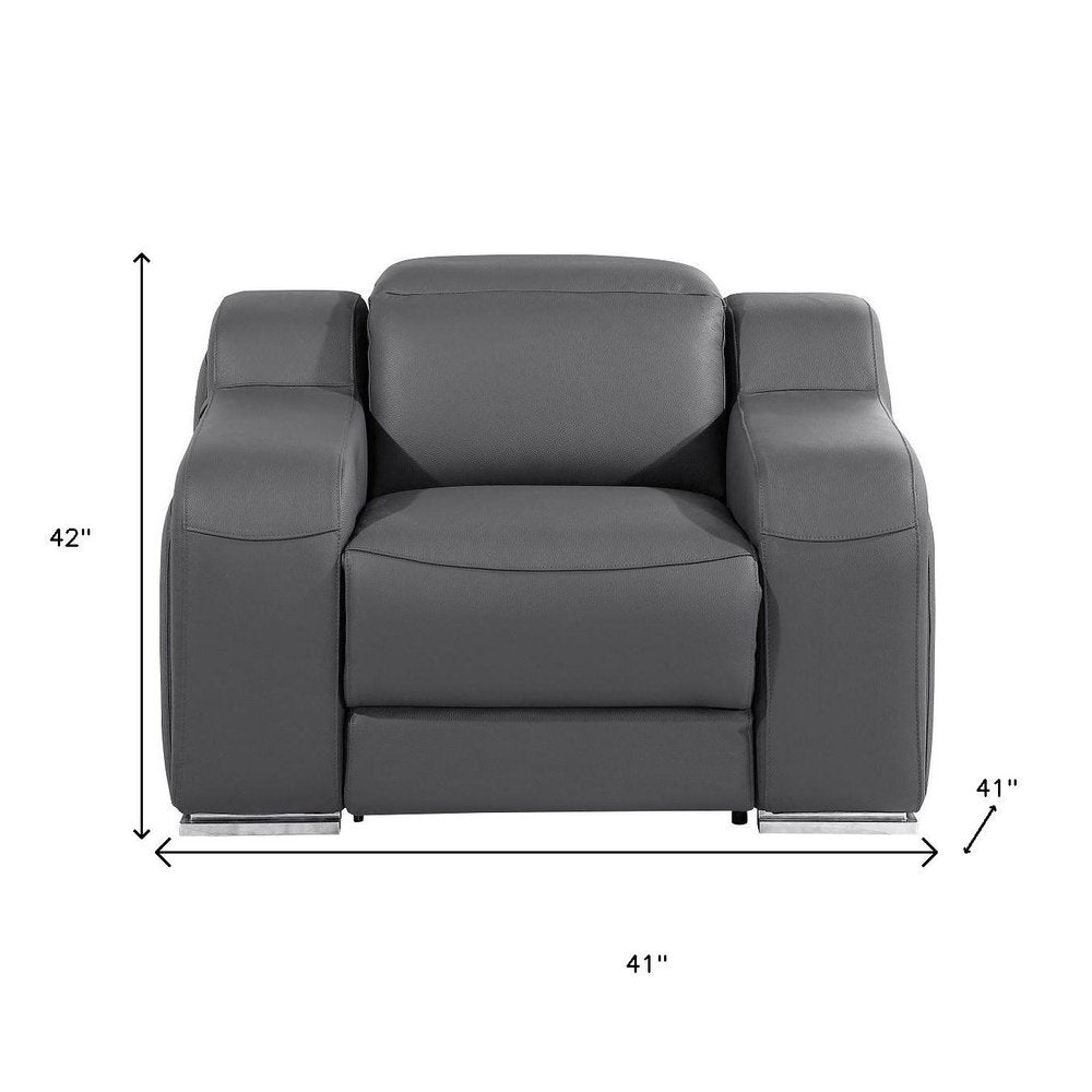 41" Dark Gray Italian Leather Wall Hugger Recliner With USB