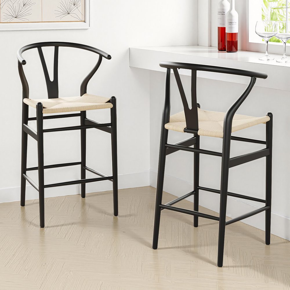 27" Beige and Black Solid Wood Counter Height Bar Chair