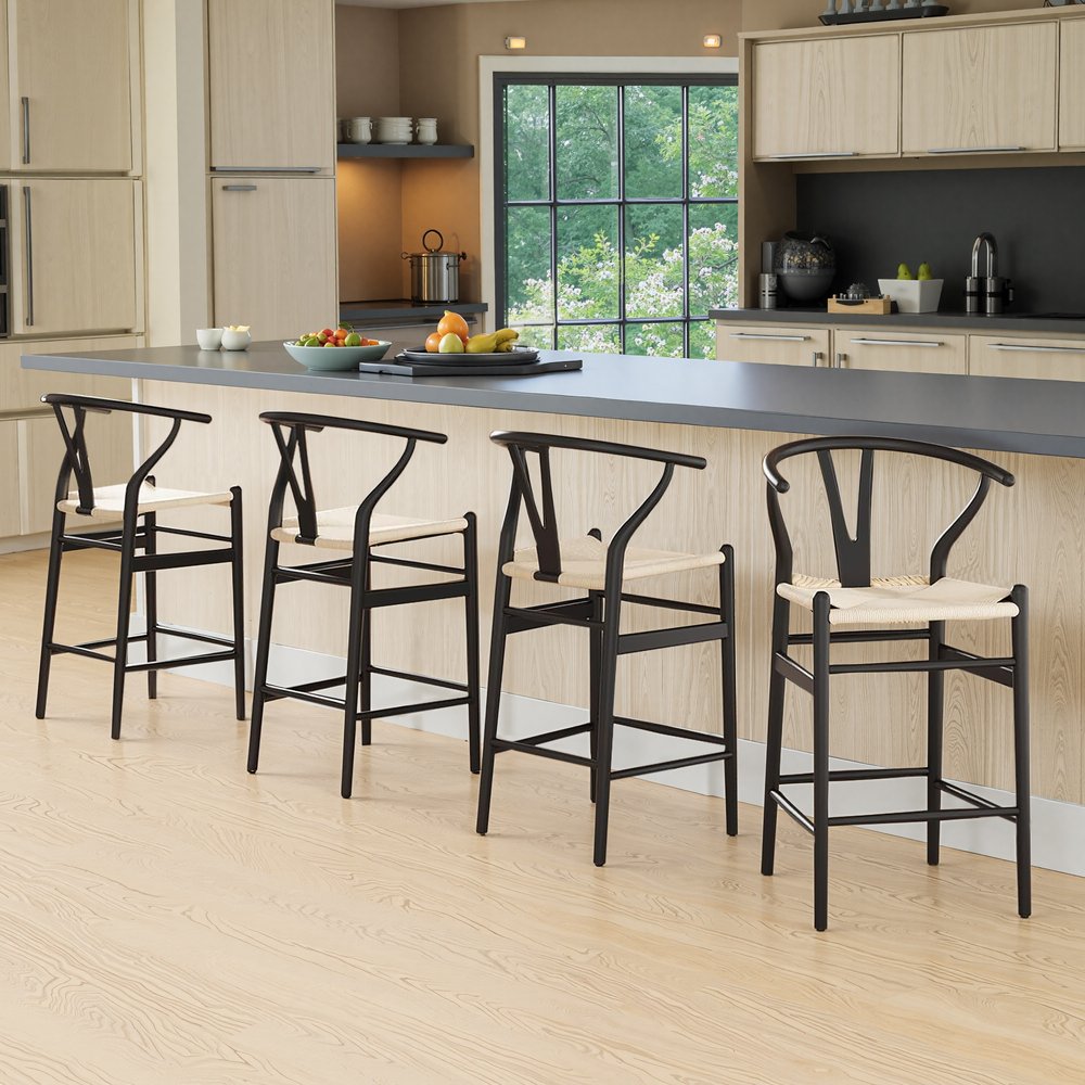 27" Beige and Black Solid Wood Counter Height Bar Chair