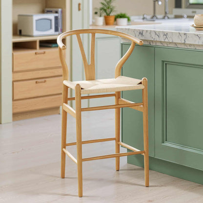 27" Beige and Natural Solid Wood Counter Height Bar Chair