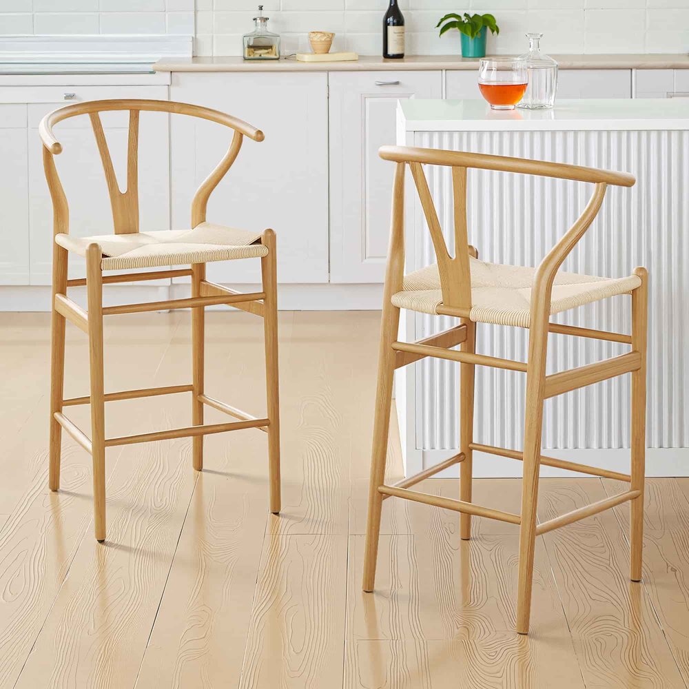 27" Beige and Natural Solid Wood Counter Height Bar Chair