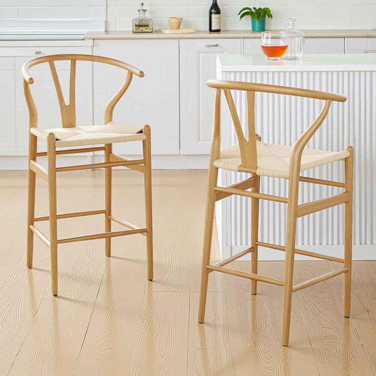 27" Beige and Natural Solid Wood Counter Height Bar Chair