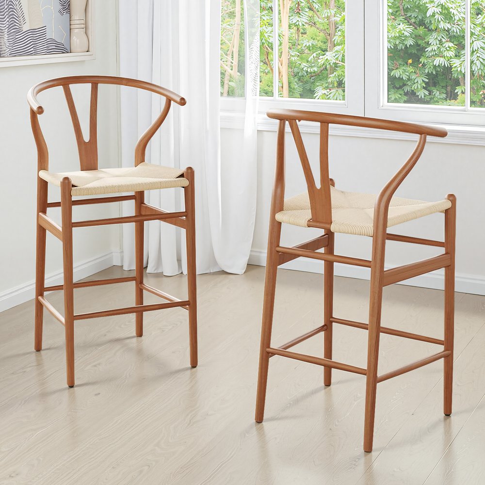 27" Beige and Walnut Solid Wood Counter Height Bar Chair