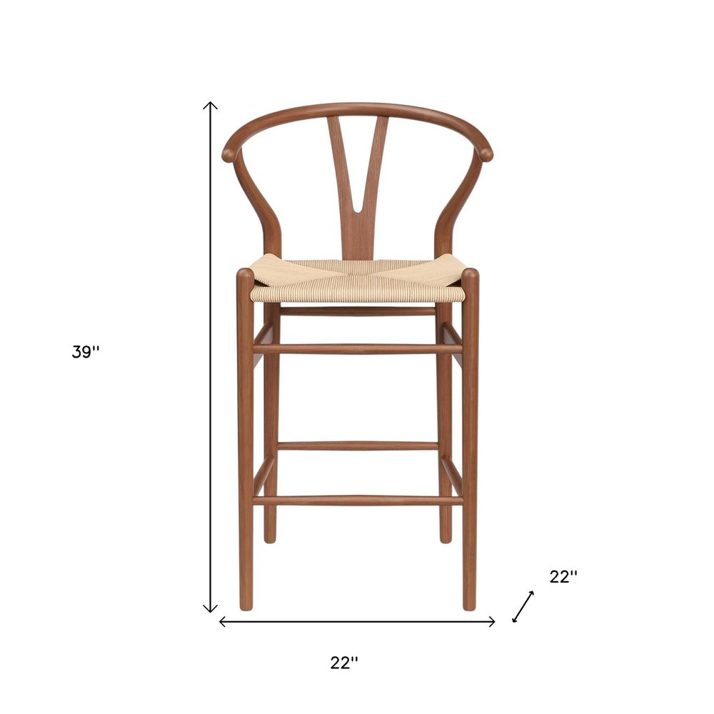 27" Beige and Walnut Solid Wood Counter Height Bar Chair