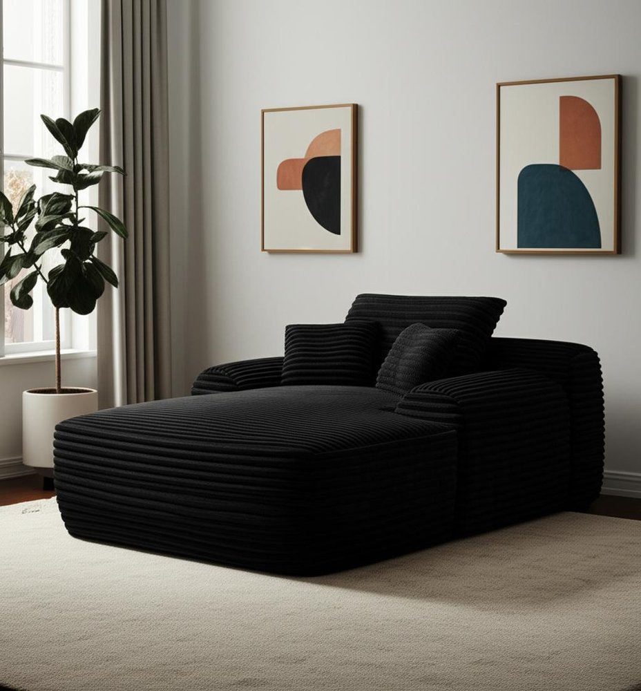 67" Black Corduroy Oversized Chaise Lounge Chair And Toss Pillows