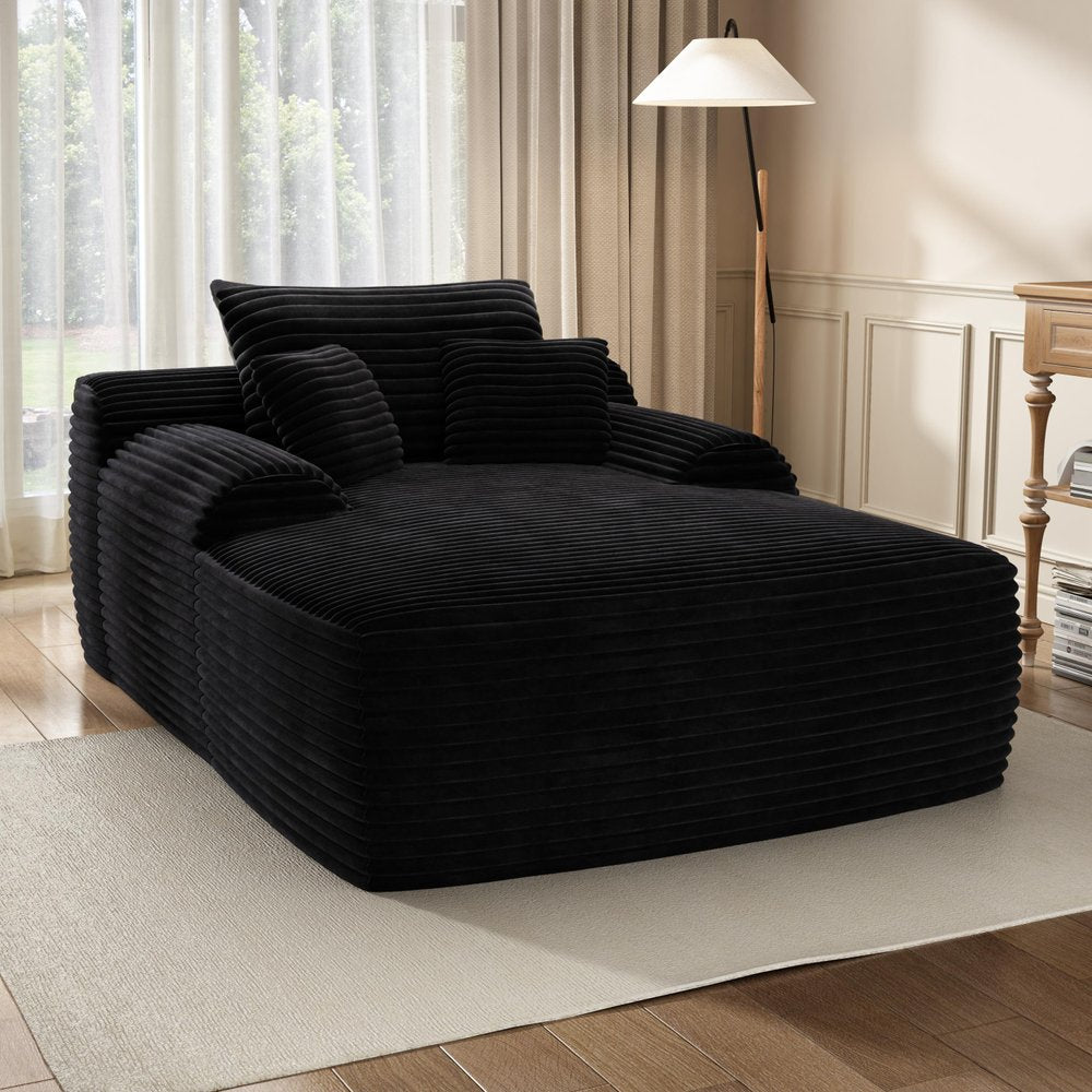 67" Black Corduroy Oversized Chaise Lounge Chair And Toss Pillows
