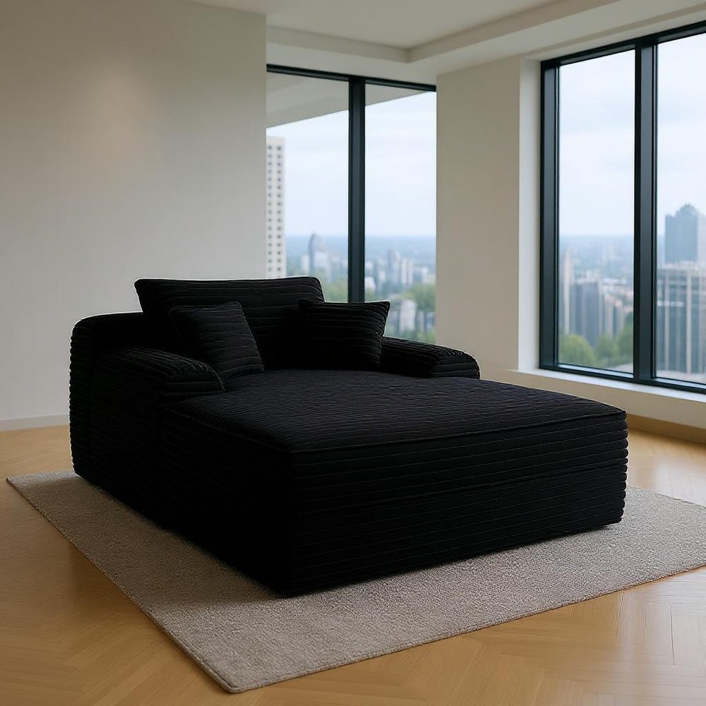 67" Black Corduroy Oversized Chaise Lounge Chair And Toss Pillows