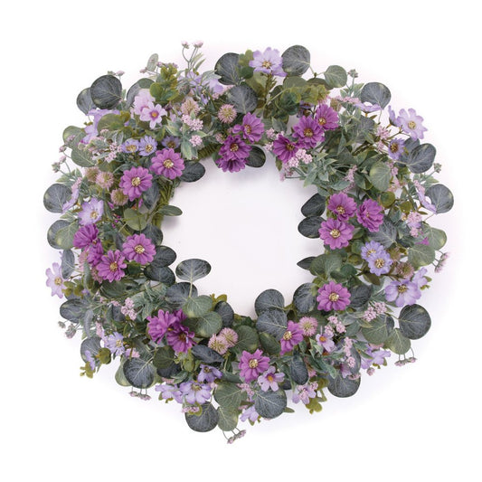 22" Green And Purple Daisy And Thistle Artificial Wreath