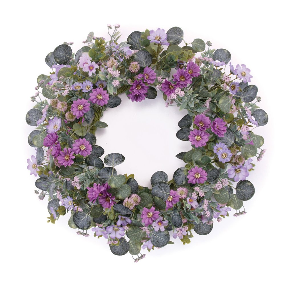 22" Green And Purple Daisy And Thistle Artificial Wreath