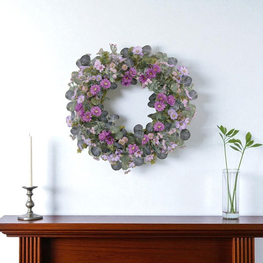 22" Green And Purple Daisy And Thistle Artificial Wreath