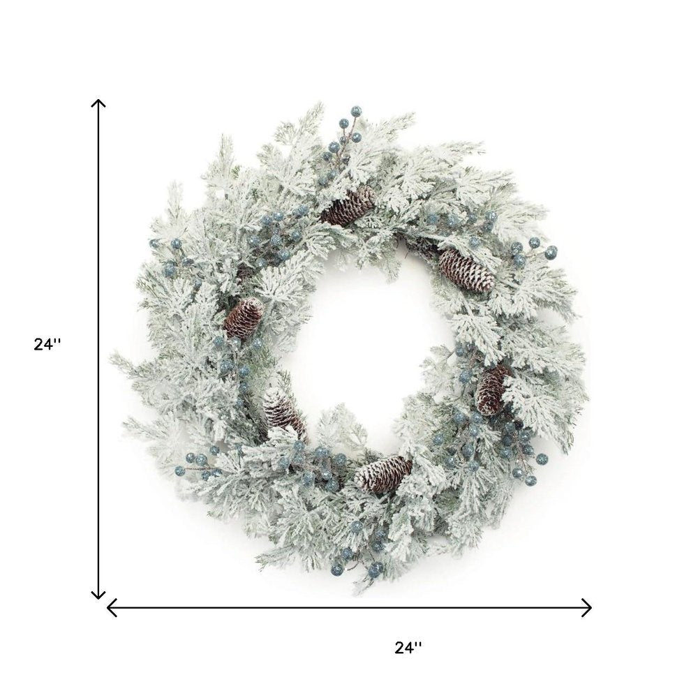 24" White Flocked Pine And Pinecone Artificial Wreath