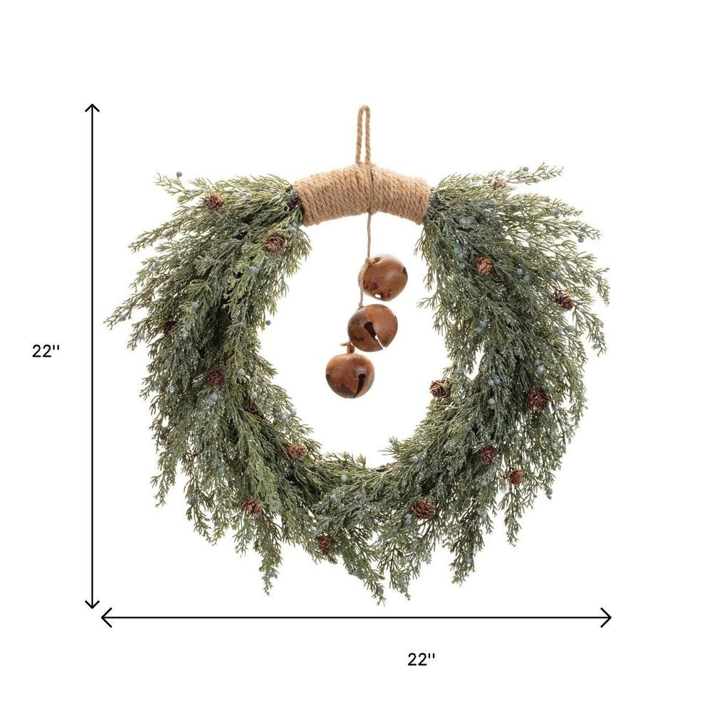 22" Green And Brown Pine And Jingle Bells Artificial Christmas Wreath