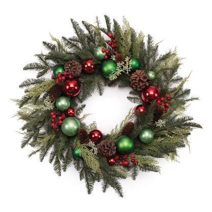 29" Green Red And Brown Artificial Pine Pinecone And Ornaments Christmas Wreath