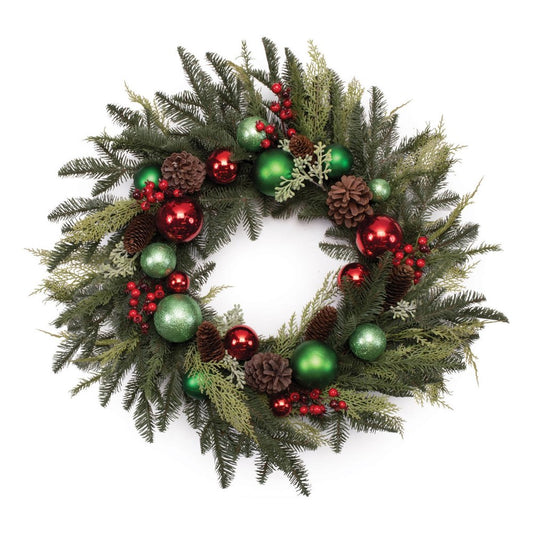 29" Green Red And Brown Artificial Pine Pinecone And Ornaments Christmas Wreath