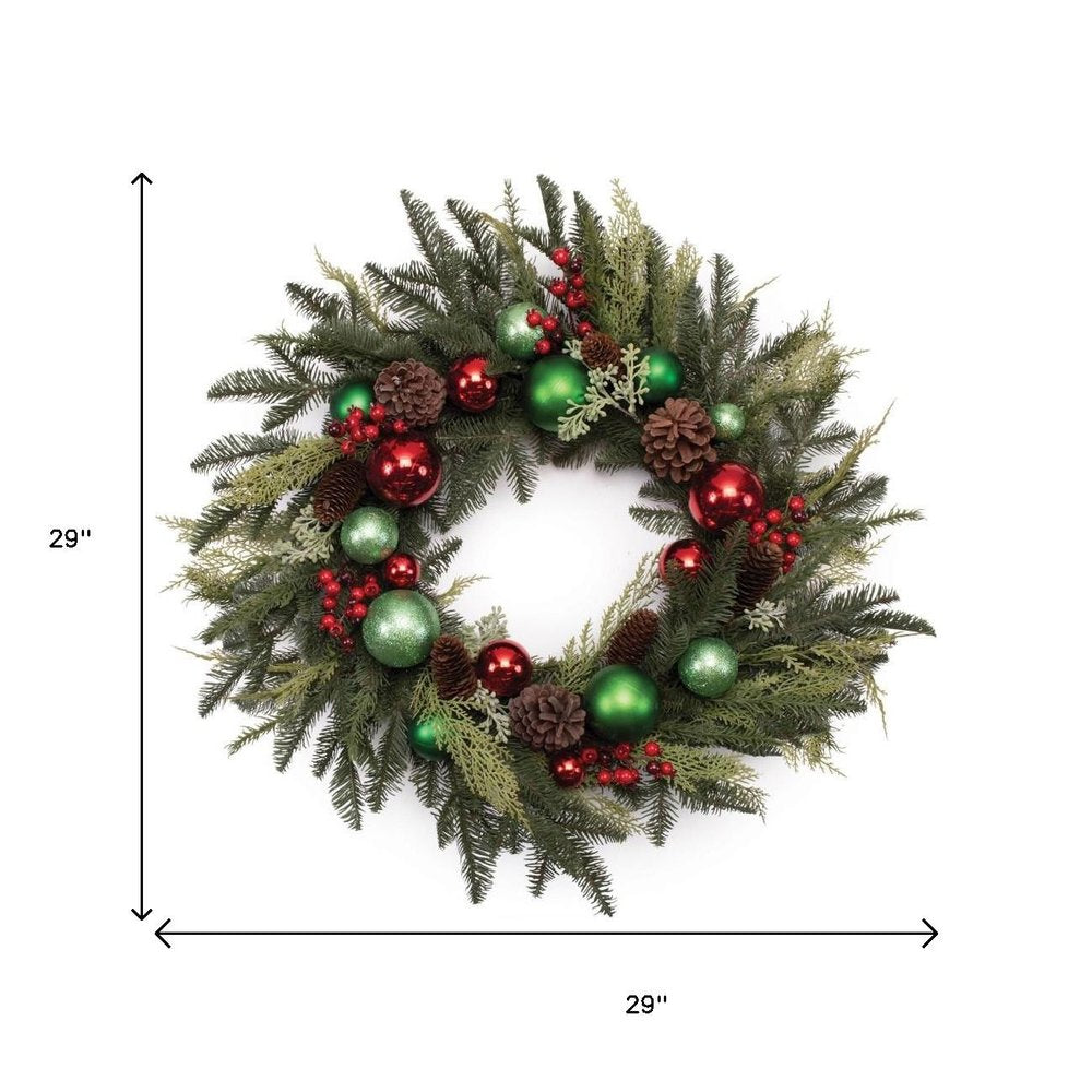 29" Green Red And Brown Artificial Pine Pinecone And Ornaments Christmas Wreath