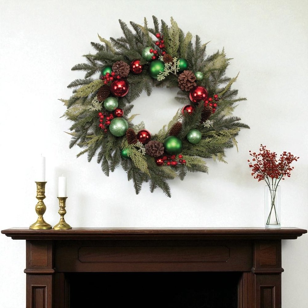 29" Green Red And Brown Artificial Pine Pinecone And Ornaments Christmas Wreath