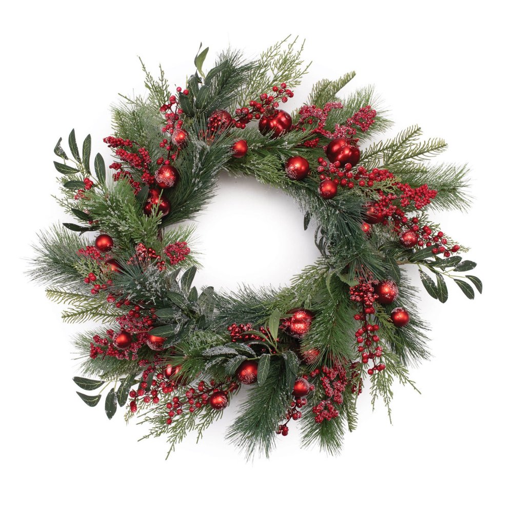 25" Green And Red Artificial Pine Berries And Ornaments Christmas Wreath