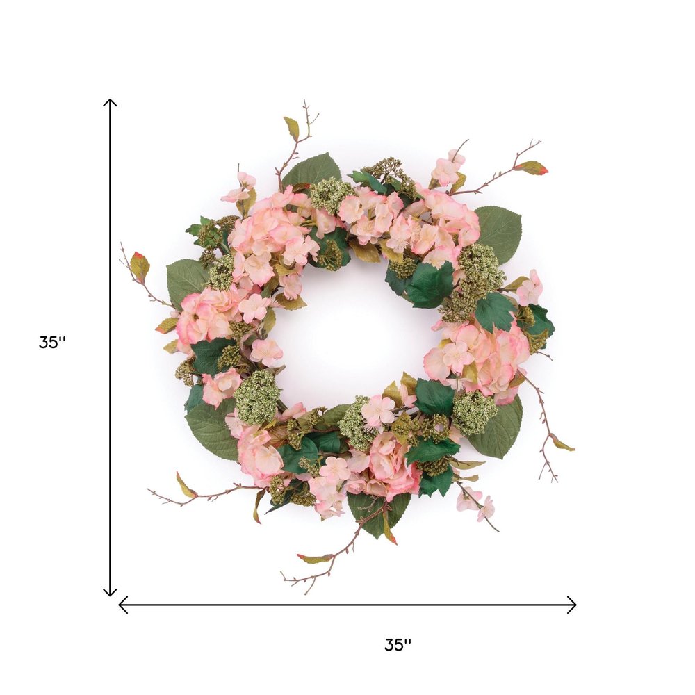 35" Pink And Green Hydrangea Artificial Wreath
