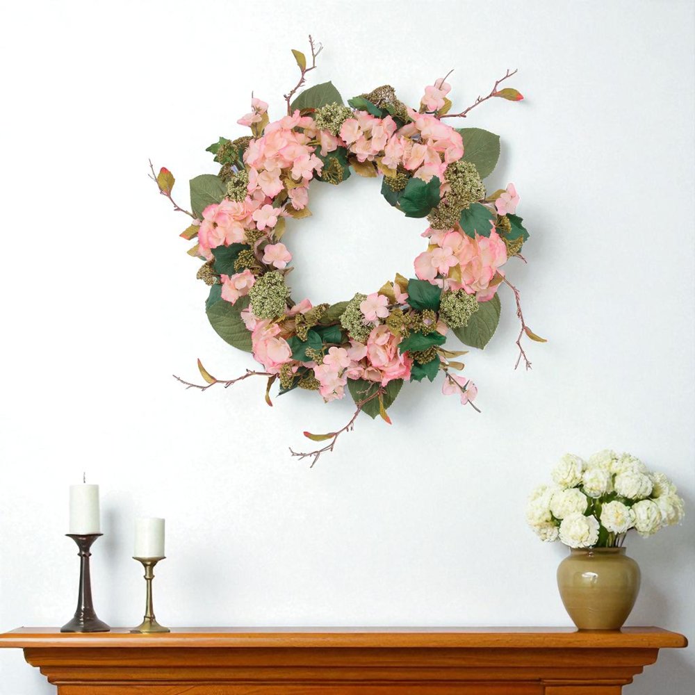 35" Pink And Green Hydrangea Artificial Wreath