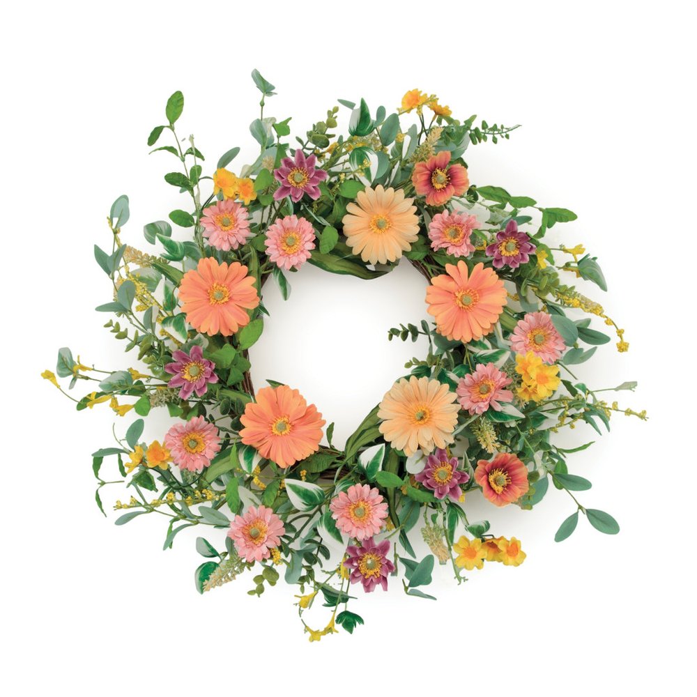 26" Green Orange And Pink Daisy Artificial Wreath