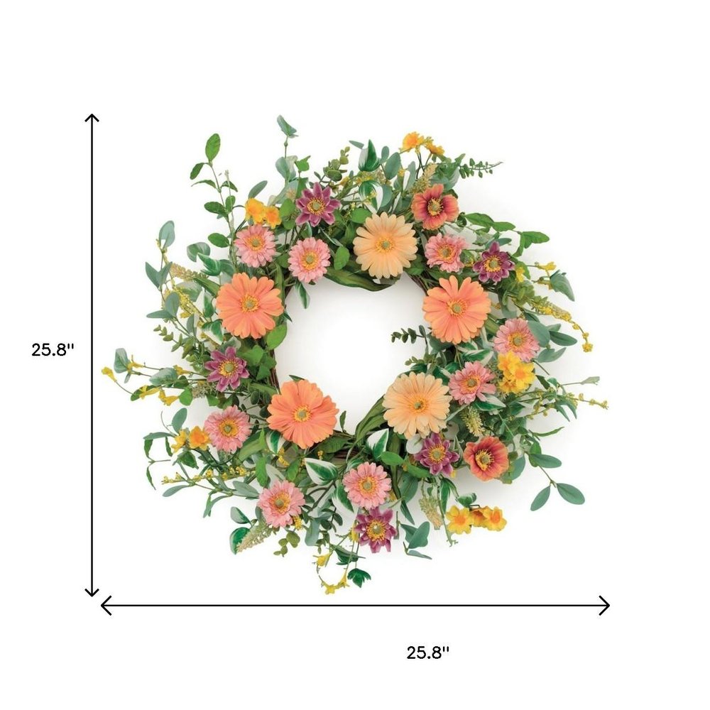 26" Green Orange And Pink Daisy Artificial Wreath