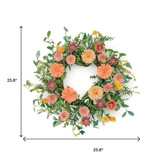 26" Green Orange And Pink Daisy Artificial Wreath