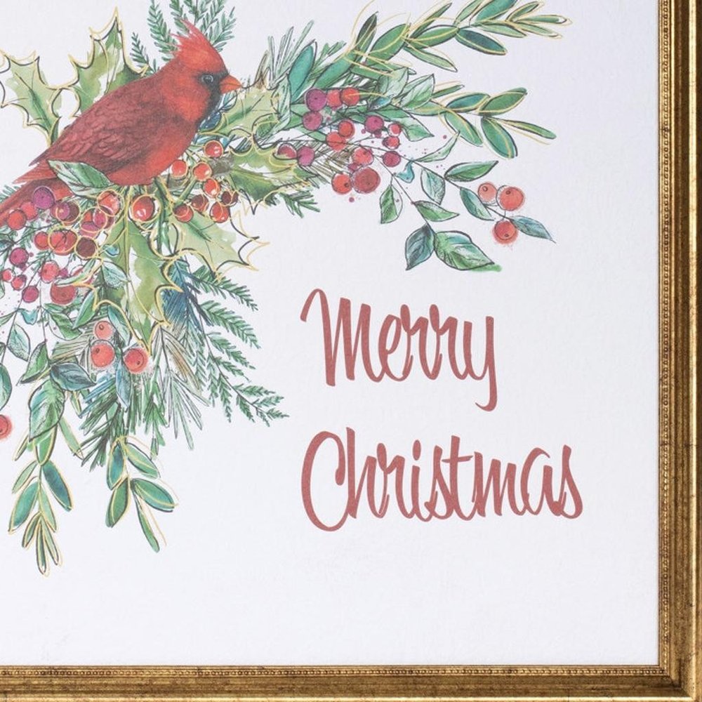 Merry Christmas Cardinal Gold Framed Wall Art
