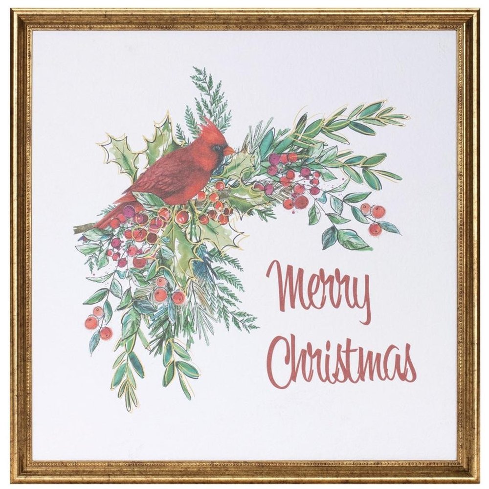 Merry Christmas Cardinal Gold Framed Wall Art