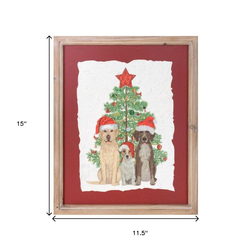 Holiday Dogs and Christmas Tree Brown Framed Wall Art