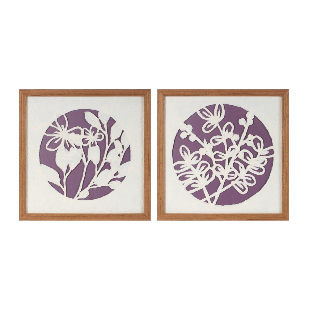 Set Of Two Purple And White Floral Brown Framed Wall Art