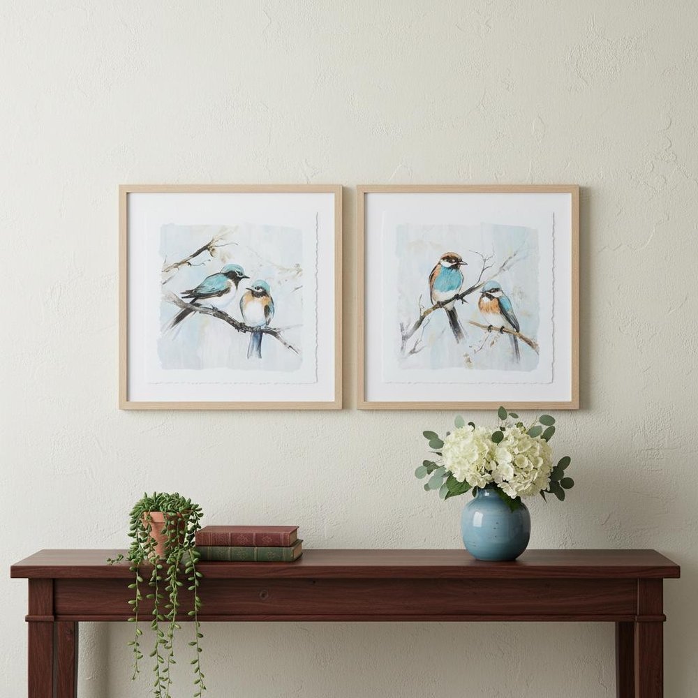 Set Of Two Bird Duo on Branches Brown Framed Wall Art