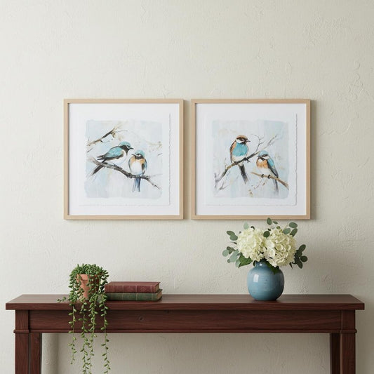 Set Of Two Bird Duo on Branches Brown Framed Wall Art