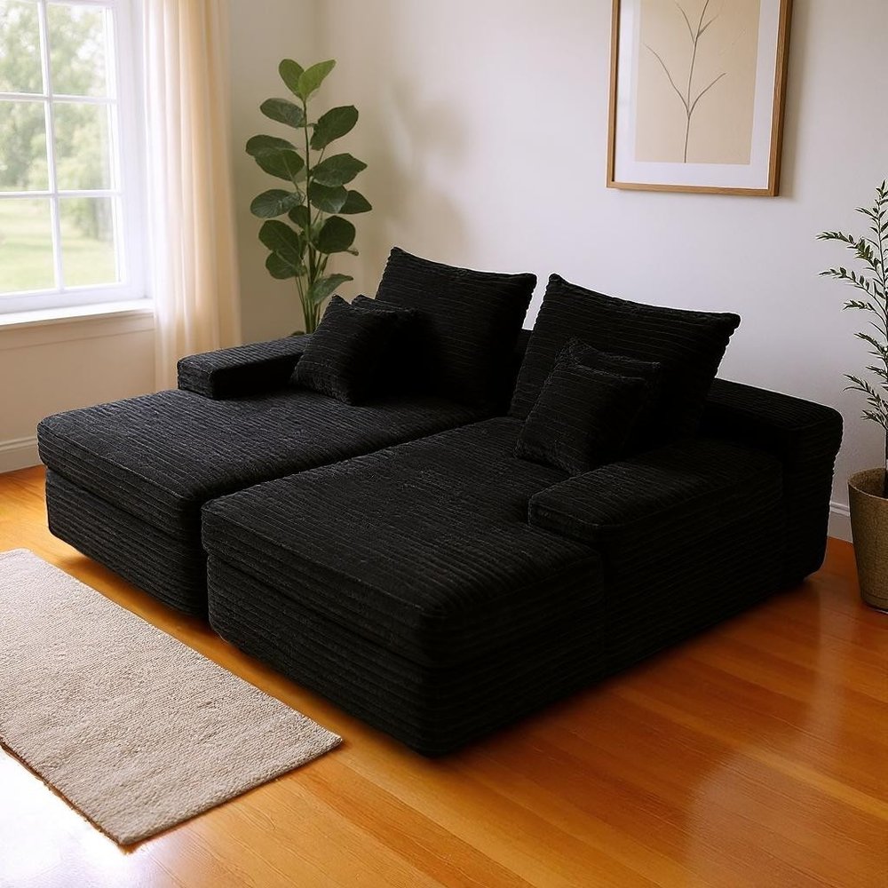 82" Black Corduroy Modular Sofa Chaise And Toss Pillows