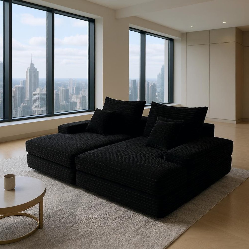 82" Black Corduroy Modular Sofa Chaise And Toss Pillows