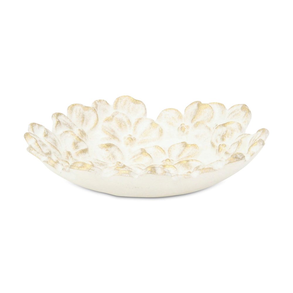 7" White And Gold Cast Iron Flower Round Trinket Tray