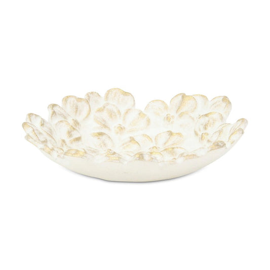 7" White And Gold Cast Iron Flower Round Trinket Tray