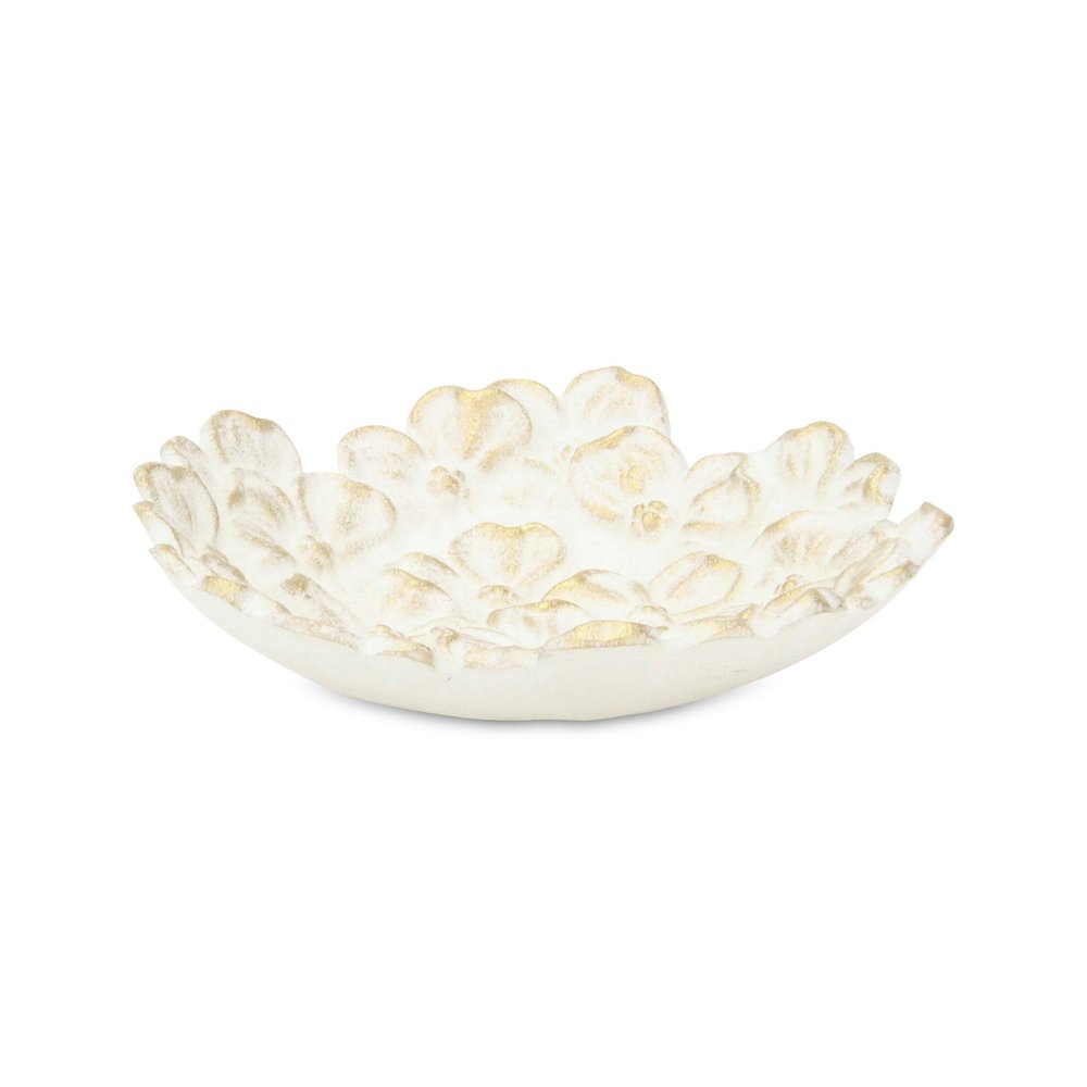 7" White And Gold Cast Iron Flower Round Trinket Tray