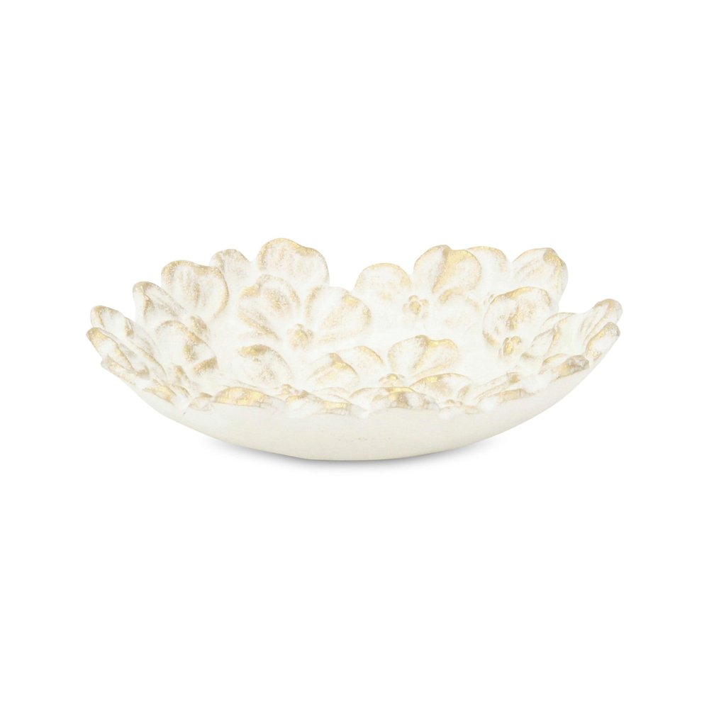 7" White And Gold Cast Iron Flower Round Trinket Tray